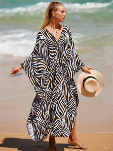 Printed Chest Knitted Beach Cover Up Loose Oversized Vacation Sun Protection Shirt Bikini Cover Up