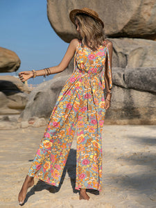 Bohemian style suspender printed jumpsuit with backless jumpsuit