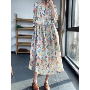 Summer Printing Unique and Unique Skirt Round Neck Forest Cotton Linen Imitation Ramie Fragmented Flower Dress