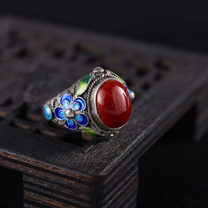 South Red Stone Blue Pattern Ring Lady's Court Vintage Distressed Band Silver Adjustable Open Ring