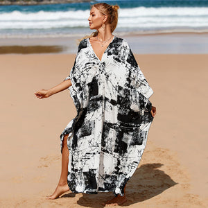 Printed Chest Knitted Beach Cover Up Loose Oversized Vacation Sun Protection Shirt Bikini Cover Up