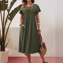 Load image into Gallery viewer, Women's Clothing Long Dress New Solid Color Round Neck Pocket Pleated Short Sleeve Cotton and Linen Dress
