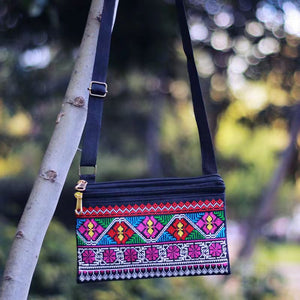 New Ethnic Style Cross Stitch Wallet Double Pull Crossbody Bag One Shoulder Embroidery Bag