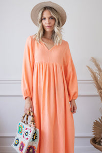 Autumn New Casual Loose Fit Dress V-Neck High Waist Double Layer Wrinkled Yarn Long Sleeve Dress