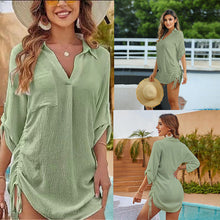 Load image into Gallery viewer, Drawstring Shirt Collar Beach Jacket Head Bikini Swimsuit Blouse Vacation Sunscreen Shirt
