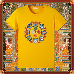 Diamond Pestle Babao New Printed Pure Cotton Mantra Wheel T-shirt Top, Buddhist Men's and Women's High-end Clothing