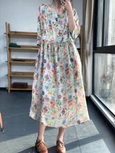 Load image into Gallery viewer, Summer Printing Unique and Unique Skirt Round Neck Forest Cotton Linen Imitation Ramie Fragmented Flower Dress
