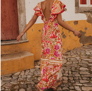 New V-neck Feifei Sleeve Split Dress High Waist Backless Long Dress Celebrity Style