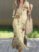Load image into Gallery viewer, New Casual Summer Loose Skirt Slit V-neck Print Imitation Hemp Dress Cotton
