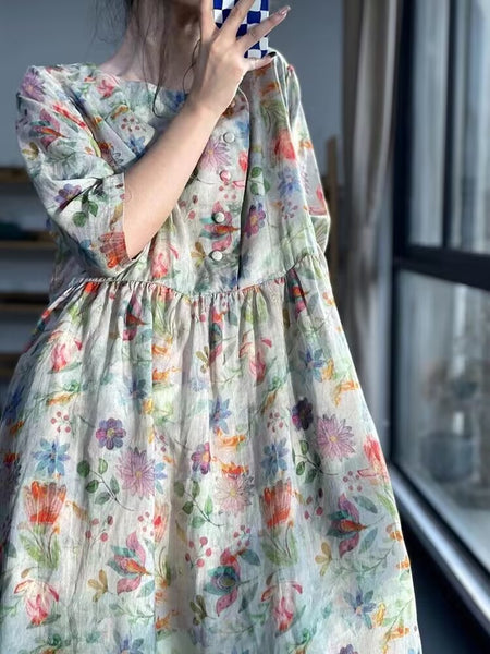 Summer Printing Unique and Unique Skirt Round Neck Forest Cotton Linen Imitation Ramie Fragmented Flower Dress