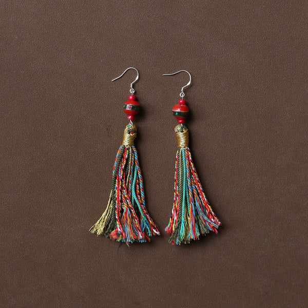 Tibetan Fringed Earrings 925 Sterling Silver Ear Hooks Niche Retro Ethnic Style Jewelry