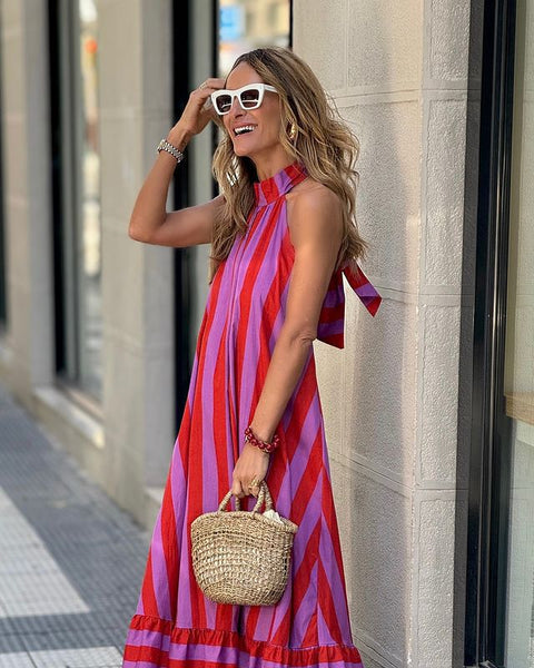 New Dress Neck Halter Striped Print Long Dress