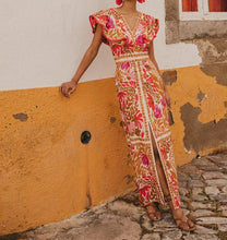 Load image into Gallery viewer, New V-neck Feifei Sleeve Split Dress High Waist Backless Long Dress Celebrity Style
