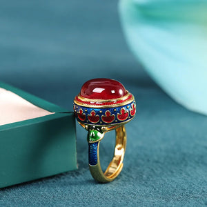 Gilded Enamel Color National Style Flower Light Luxury Ruby Female Living Ring Earrings