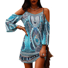 Load image into Gallery viewer, Summer Printed Round Neck Hollowed Out Short Sleeved Off Shoulder Sexy Suspender Dress
