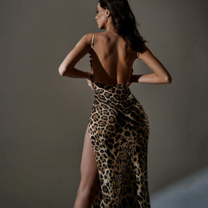 Summer New Fashion Print Slim Fit Split Open Back Bra Strap Dress
