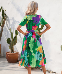 Summer floral print pressed short-sleeved dress