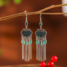 Load image into Gallery viewer, Creative Long Life Lock Retro Tassel Earrings Women&#39;s Full Diamond Long Style Temperament Earrings
