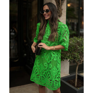Autumn and Winter New Stand Neck Mid Sleeve Loose fitting Dress INS Casual Party Lace Dress