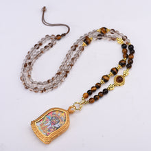 Load image into Gallery viewer, White Crystal Tiger&#39;s Eye Stone Necklace Tibetan Style Goddess of Wealth Zakiram Thangka Pendant Rope Girls Jewelry
