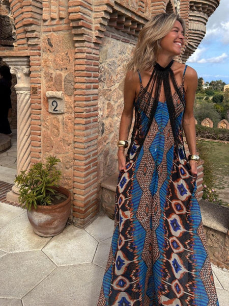 Summer New Positioning Printing Suspender Pendulum Dress