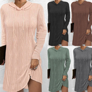 Autumn New Solid Color Long Sleeve Hooded Pullover Knit Dress