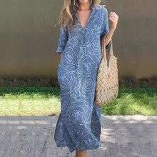 Load image into Gallery viewer, New Casual Summer Loose Skirt Slit V-neck Print Imitation Hemp Dress Cotton
