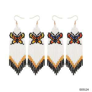 Bohemian Holiday Style Rice Bead Knitted Earrings with Tassels Handmade DIY Long Original Design Butterfly Earrings for Women