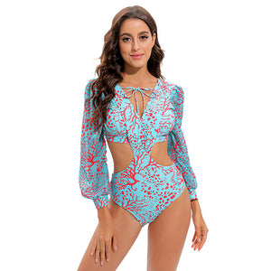 New Open Back Long sleeved One Piece Swimwear High Waist Lace up V-neck Swimwear for Women Bikini