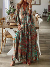 Load image into Gallery viewer, Bohemian Style Bell Sleeve Print V-neck High-waisted Resort Dress Floral Women&#39;s Dress
