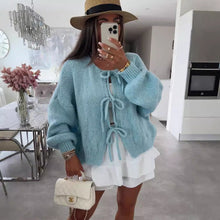 Load image into Gallery viewer, Crew Neck Lace-up Knitted Cardigan Jacket Autumn and Winter New Solid Color Commuting Simple Sweater Women
