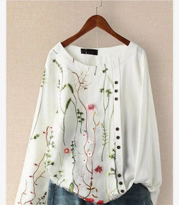 New Autumn Shirts Women's Loose Cotton Hemp Pullover Embroidered Round Neck Top Large Pullover White Shirt