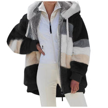 Load image into Gallery viewer, Autumn and Winter Warm Plush Patchwork Zipper Pocket Hooded Loose Coat Women
