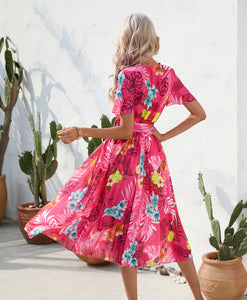 Summer floral print pressed short-sleeved dress