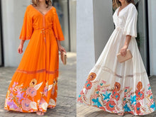 Load image into Gallery viewer, Spring/Summer Popular Lace Print Panel 7/4 Sleeve V-Neck Long Swing Dress
