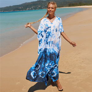 Hot Cotton Watermark Printed Beach Cover Up Robe Style Beach Vacation Sun Protection Bikini Cover Up