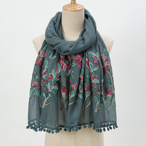 New Embroidered Furball Scarf, Cotton and Linen Shawl, Women's Ethnic Style Retro Style, with Spring and Autumn Scarf