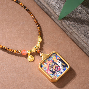 New Tibetan Natural Tiger's Eye Stone Necklace Tibetan Style Zakiram God of Wealth Thangka Pendant Collarbone Chain Simple Light Luxury Decoration