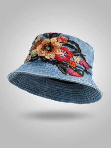 Fashion National Style Embroidered Denim Fisherman Hat Outdoor Sun Protection Travel Street Basin Hat.