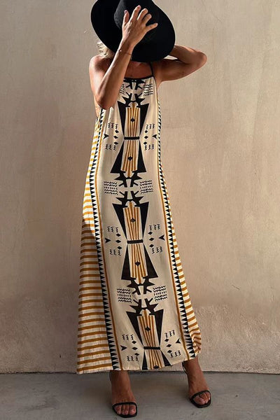 Women's new bohemian print maxi dress casual square collar slip dress