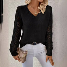 Load image into Gallery viewer, Spring and Autumn Knitted Sweater, Women's Clothing Temperament V-neck Hollow Long-sleeved Solid Color Casual Top
