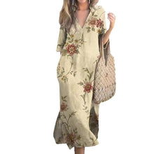Load image into Gallery viewer, New Casual Summer Loose Skirt Slit V-neck Print Imitation Hemp Dress Cotton
