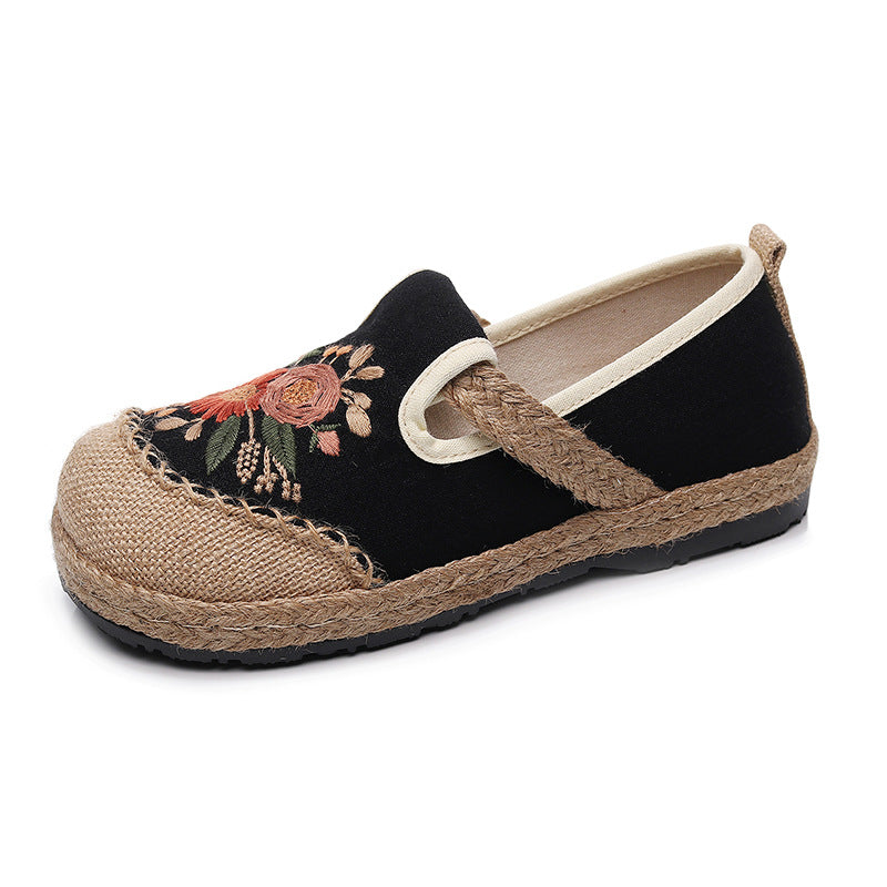 Embroidered Shoes Fisherman Shoes Cart Stitching Cotton and Linen Embroidery Shoes, Anti Slip and Breathable Round Toe Women's Shoes