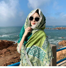 Load image into Gallery viewer, Fresh Green Ethnic Style Silk Scarf Women&#39;s Summer Sunscreen Dual-purpose Large Shawl Beach Towel Thin Cotton and Linen Scarf Yarn
