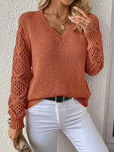 Load image into Gallery viewer, Spring and Autumn Knitted Sweater, Women's Clothing Temperament V-neck Hollow Long-sleeved Solid Color Casual Top
