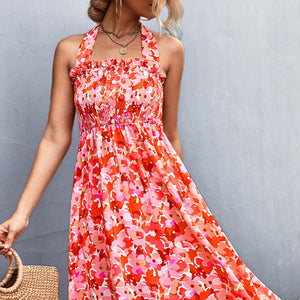 Summer New Line Ruffle Edge Style Hanging Neck Strap Printed Dress