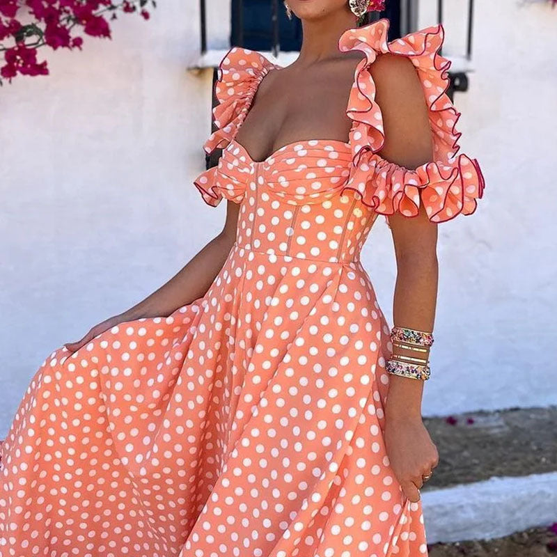 Summer New Fashion Wave Dot Print Ruffle Edge Sling Dress