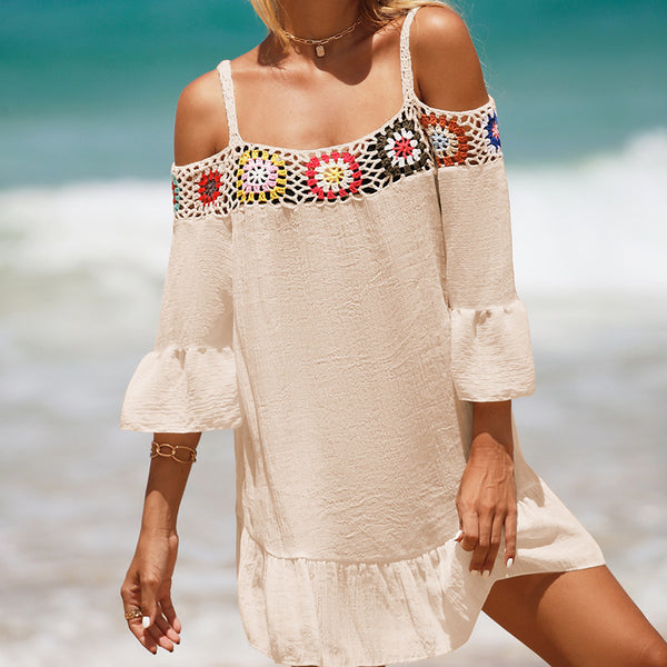 Holiday Suspenders Sun-protective Clothing Crocheted Lace Shoulder Dress Casual Short Solid Color Sunscreen Beach Skirt