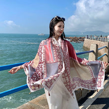 Load image into Gallery viewer, Fresh Green Ethnic Style Silk Scarf Women&#39;s Summer Sunscreen Dual-purpose Large Shawl Beach Towel Thin Cotton and Linen Scarf Yarn
