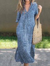 Load image into Gallery viewer, New Casual Summer Loose Skirt Slit V-neck Print Imitation Hemp Dress Cotton
